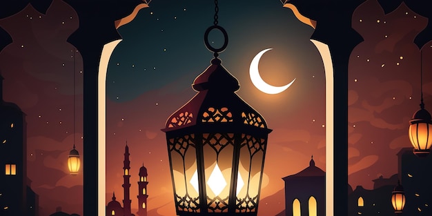 Ramadan Mubarak Concept A minimalistic illustrative design lantern on Islamic background