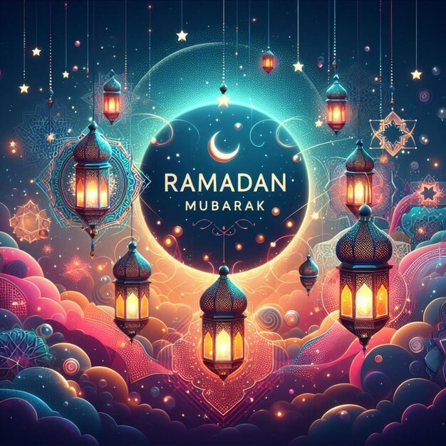 Ramadan Mubarak greeting Background with mosque lantern crescent moon night sky and clouds