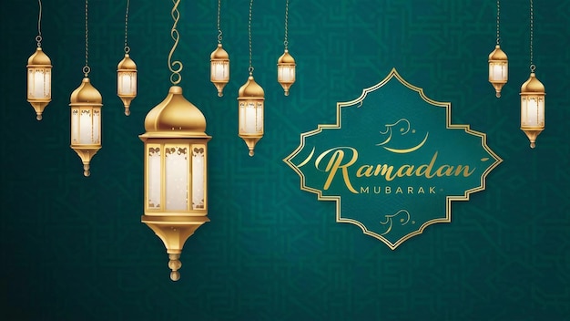 Ramadan Mubarak greeting card with hanging lantern