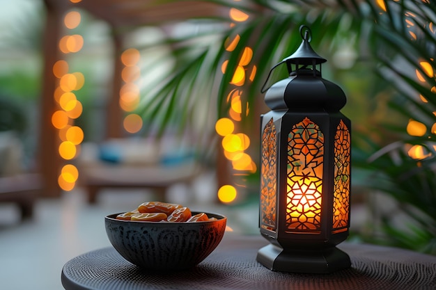 Photo ramadan mubarak greetings with lanterns and dates