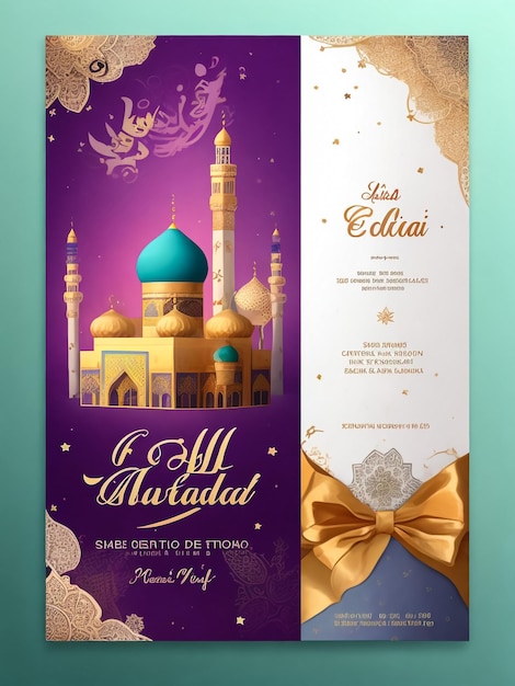 Foto poster di invito al ramadan mubarak design elegante di lusso con moschea e lanterna in oro 3d decorazione araba moderna con sfondo a disegno geometrico verde