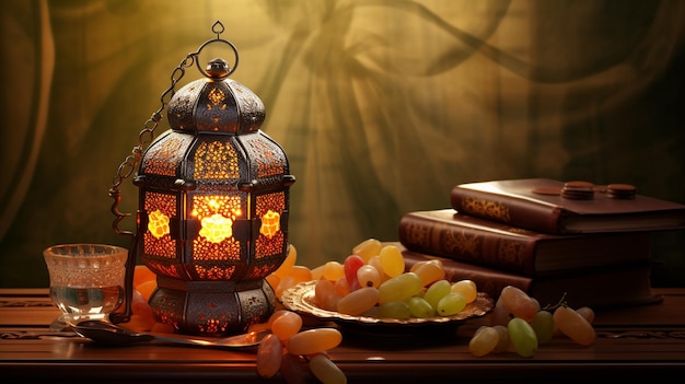 Ramadan mubarak islamitische elegante lamp met heilige koran en fruit