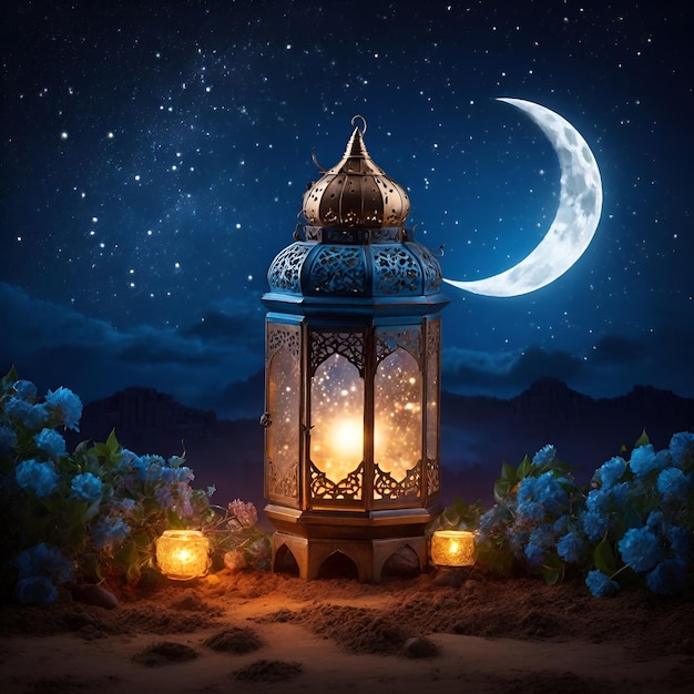 Рамадан Мубарак Фонарь с ночной звездой луны Голубое красивое небо и освещение песочный фон