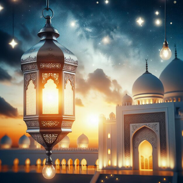 ramadan mubarak night with lantern lamp and white mosque ai image background