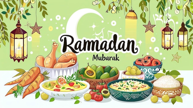 Ramadan Mubarak Poster featuring Traditional Egyptian Cuisine Rice Chicken Fish Vegetables Nuts Grapes and Olive Oil on a White Background