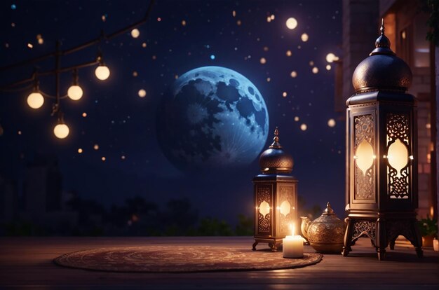 라마단 무바라크 현실적인 밤 달 풍경 배경
