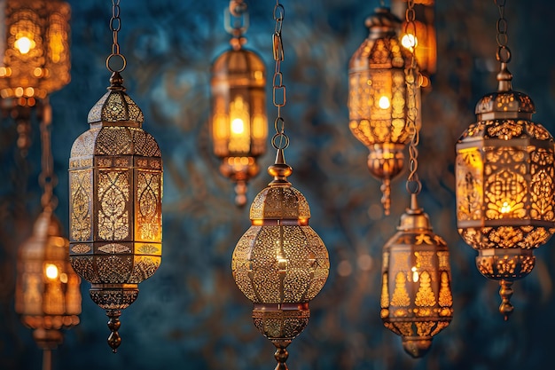 Ramadan Mubarak Symbols Hanging Gold Lanterns Generative Ai