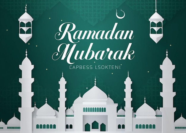 拉馬丹·穆巴拉克 (Ramadan Mubarak) 字體概念在紙切割風格中與清真寺