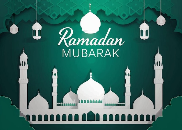 拉馬丹·穆巴拉克 (Ramadan Mubarak) 字體概念在紙切割風格中與清真寺