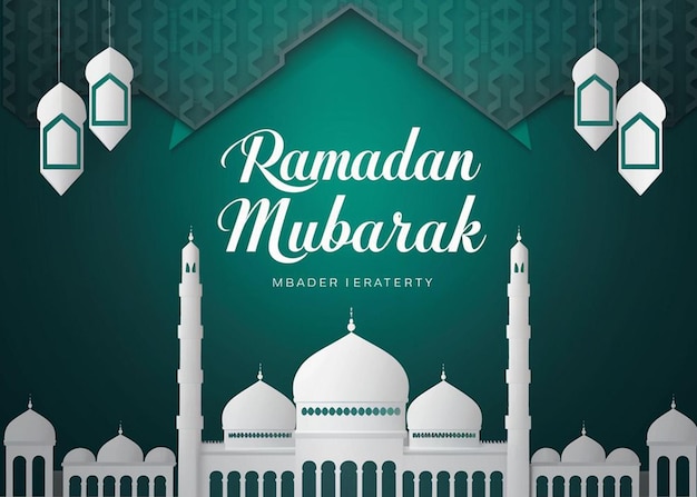 拉馬丹·穆巴拉克 (Ramadan Mubarak) 字體概念在紙切割風格中與清真寺
