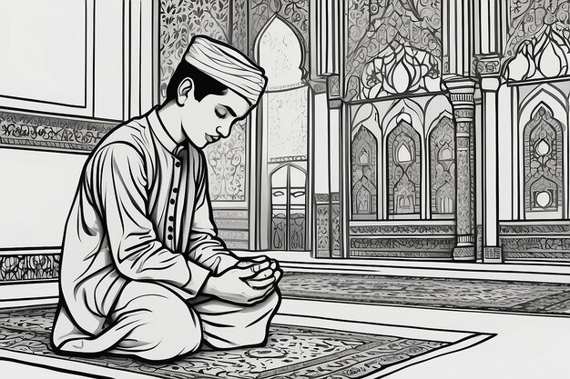 Мусульманский мальчик Рамадан молится раскраски для детей