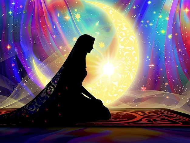 Ramadan muslim woman praying in silhouette style
