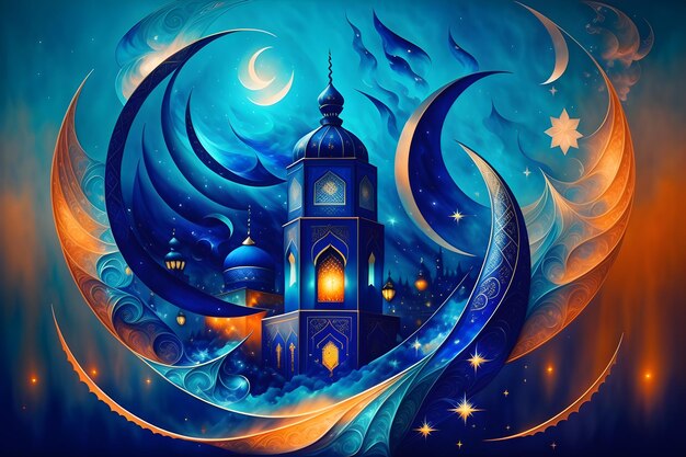 Ramadan nacht met moskee en lantaarn kleurrijke islamitische kunst en patronen vieren Eid met maan