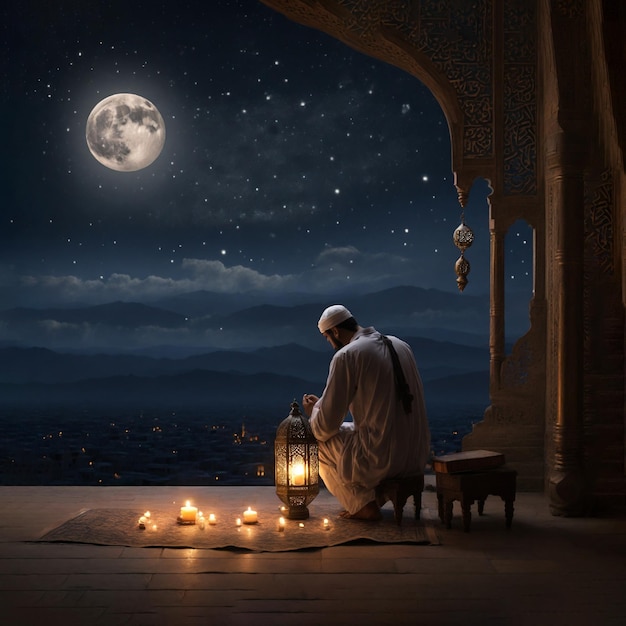 Ramadan nachten een eenzaam individu giet hun hoop angsten en reflecties naar de maan