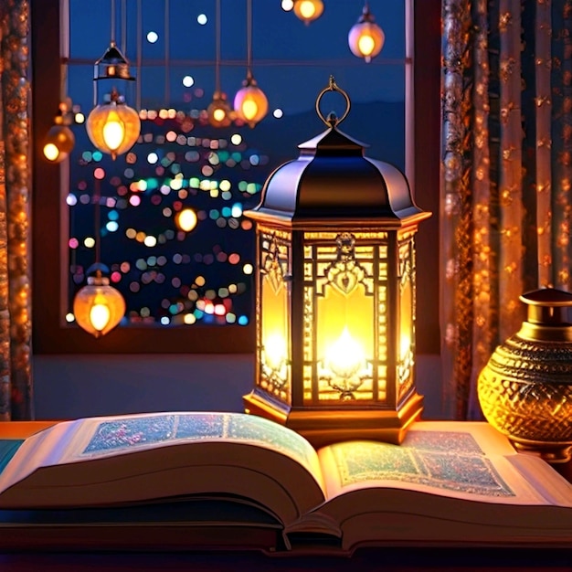 Ramadan Night Lantern en de Heilige Koran bij het raam