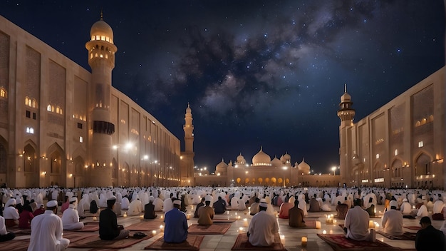 Foto notte di ramadan di laylat alqadr cielo stellato pieno di illuminazione divina