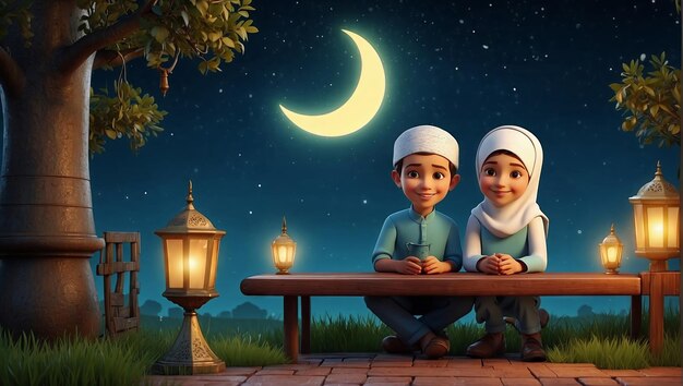 Ramadan Nights An Enchanting AI Piece A Cute Siblings AI generated image