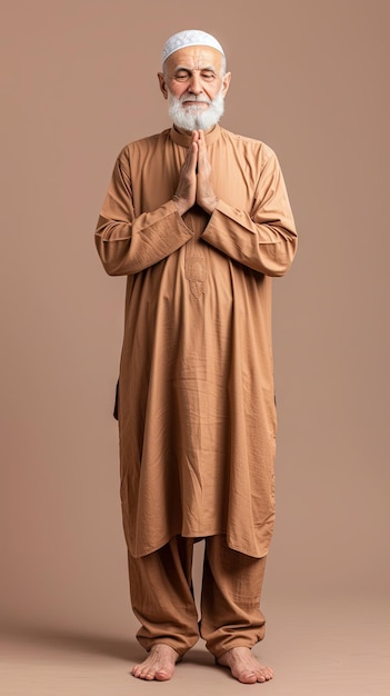 Ramadan old Muslim man is standing praying