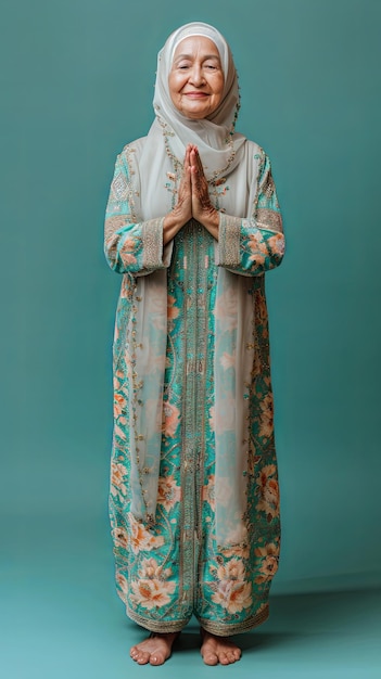 ラマダンの古いムスリム女性が立ち祈っています