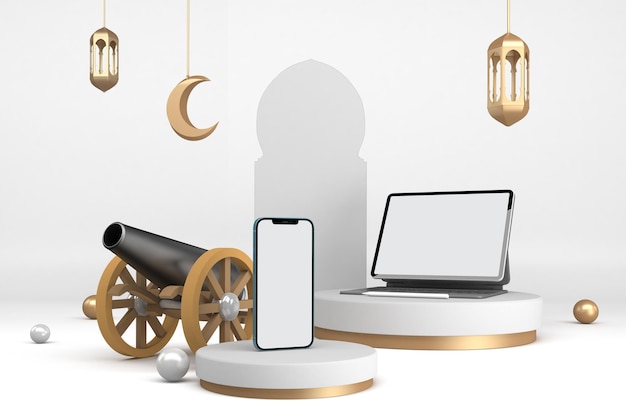 Vista laterale del telefono e del tablet ramadan su sfondo bianco