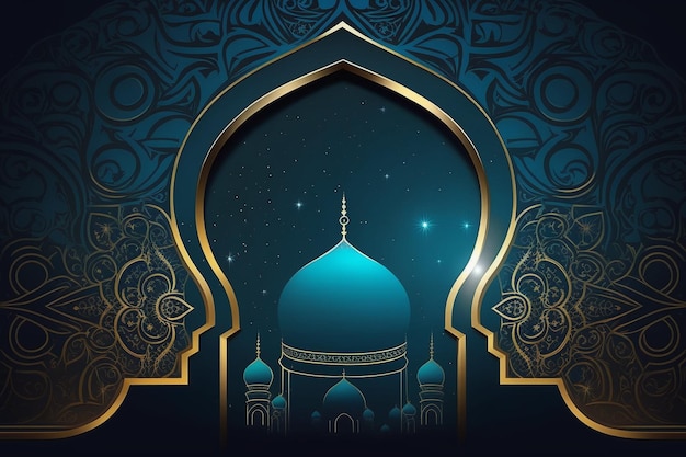 A ramadan poster with a mosque and a starry sky