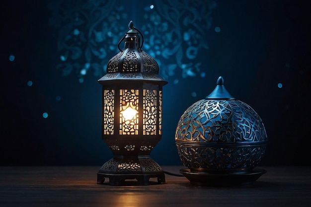 Photo ramadan realistic lamp light hd quality on dark nevi blue background 50005000 pixel