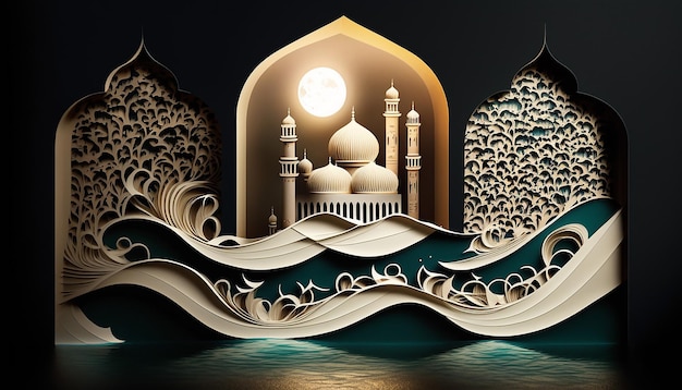 Ramadan reflection and renewal with a serene paper cut style Generative AI