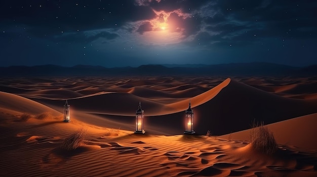 Ramadan scene in desert with lantern at night