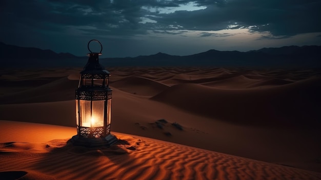 Ramadan scene in desert with lantern at night