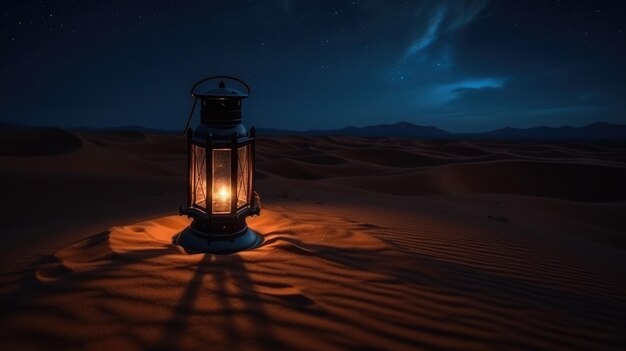 Foto scena di ramadan nel deserto con lanterna di notte