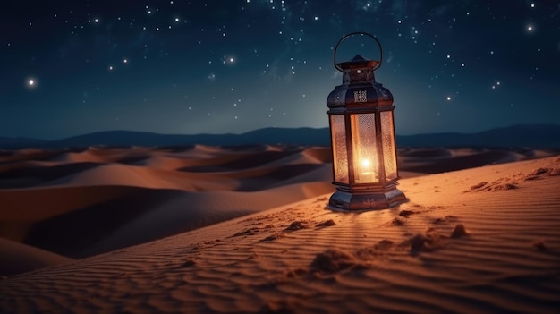 Ramadan scene in desert with lantern at night