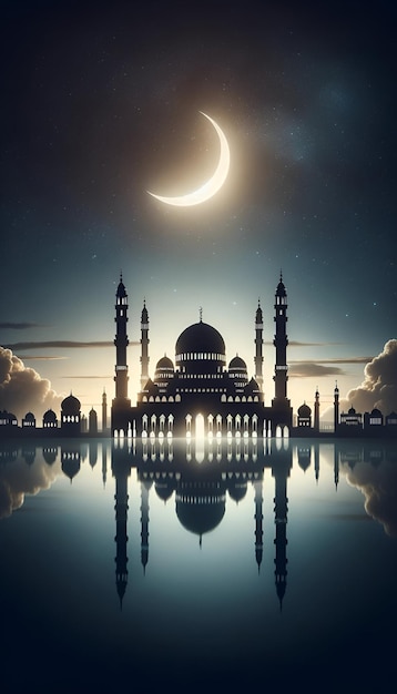 Ramadan scene with l crescent moon in the sky with mosque silhouette