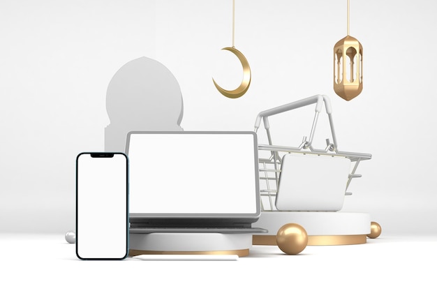 Ramadan Shopping Basket and Smart Devices Front Side In White Background