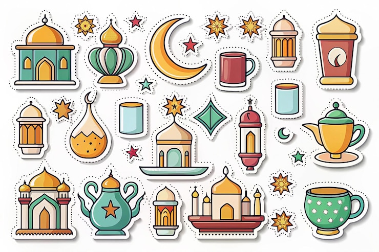 Photo ramadan stickers mosque lanterns stars moon tea celebration