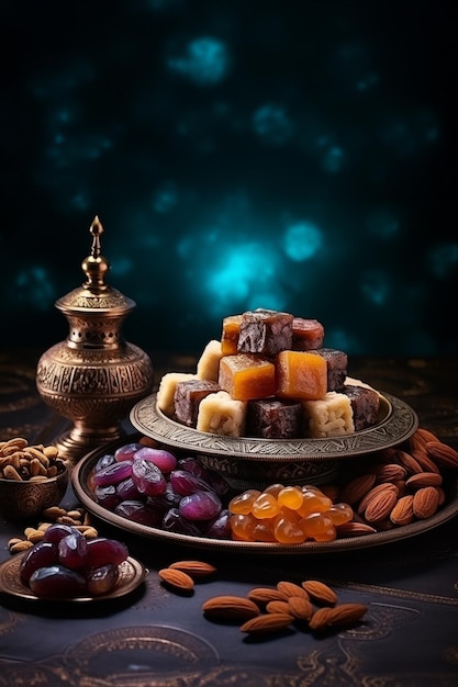 Ramadan sweet food and muslim lamp on the dark table with copy space