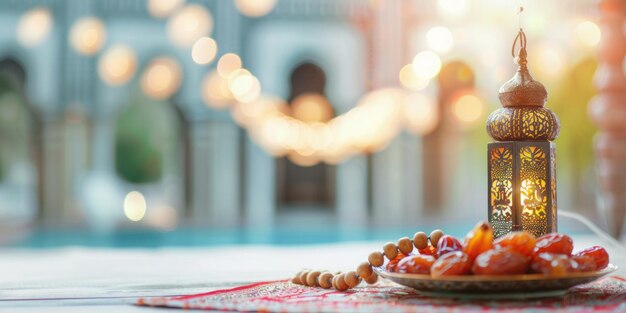 Ramadan symbols as lantern date fruits and wooden rosary banner