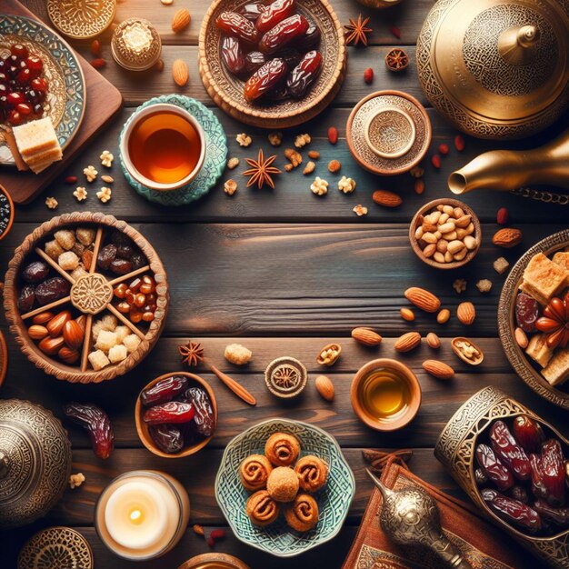 Ramadan table top view Banner with traditional Arabic dishes and food sets stock photo