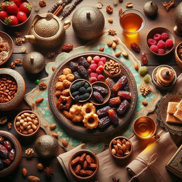 Ramadan table top view Banner with traditional Arabic dishes and food sets stock photo