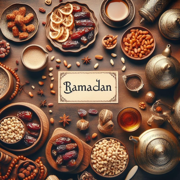 Ramadan table top view Banner with traditional Arabic dishes and food sets stock photo