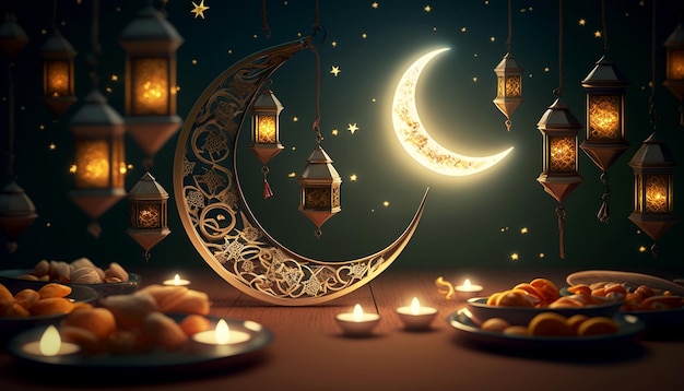 A ramadan table with a crescent moon and the words ramadan on it.