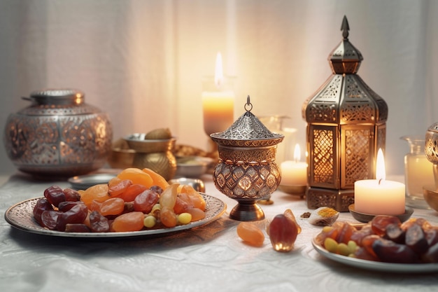 A Ramadan table with a plate of fruit and a candle