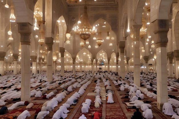 Foto preghiera di taraweeh del ramadan una grande moschea piena di devoti in fila di preghiera