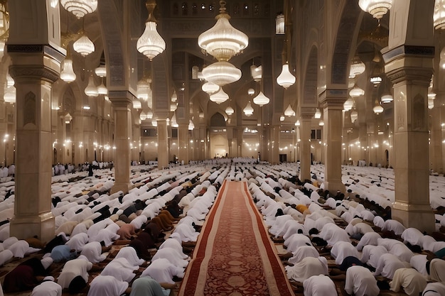 Photo ramadan taraweeh prayer a grand mosque filled with devotees in prayer rows