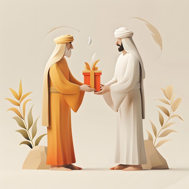 Ramadan theme Man and his son giving each other kebab islamic calligraphy