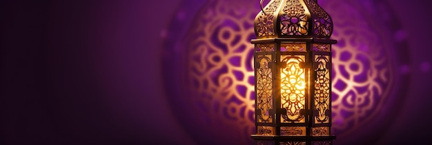 ramadan theme poster banner with purple and gold background