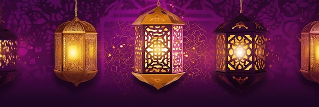 ramadan theme poster banner with purple and gold background