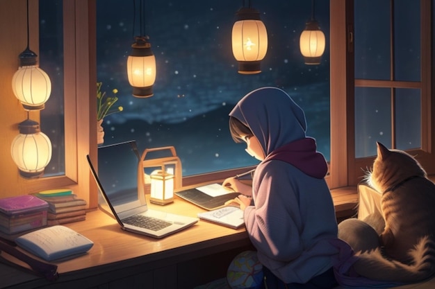 Ramadan Themed Animation Girl on Laptop in Her Comfortable Room Winter View from the Window