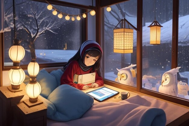 Ramadan Themed Animation Girl on Laptop in Her Comfortable Room Winter View from the Window