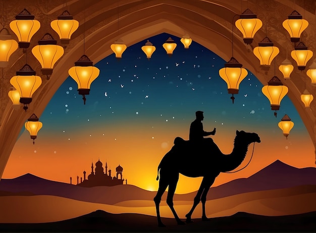 Ramadan tijd zonsondergang silhouet van een eenzame kameel die de woestijn doorkruist met lantaarns