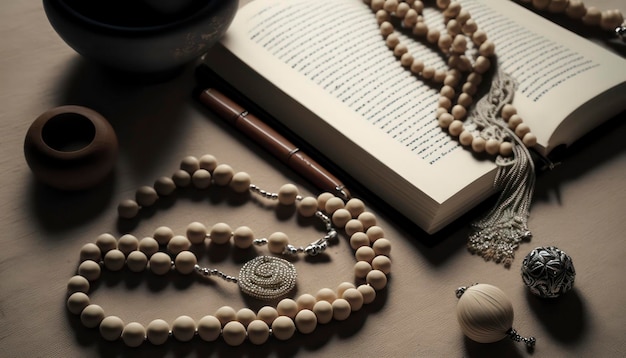 Ramadan Vibes Вид сверху на Коран и тасбих для баннера рамадана